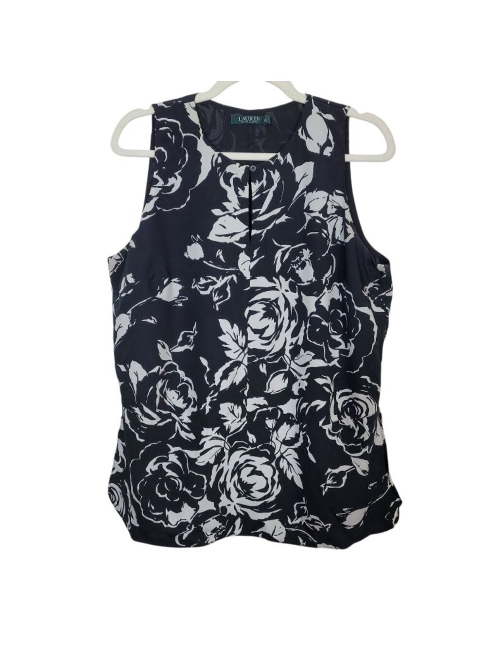Lauren Ralph Lauren Women's Sleeveless Blouse Black White Roses Sz 14 Bus Cas